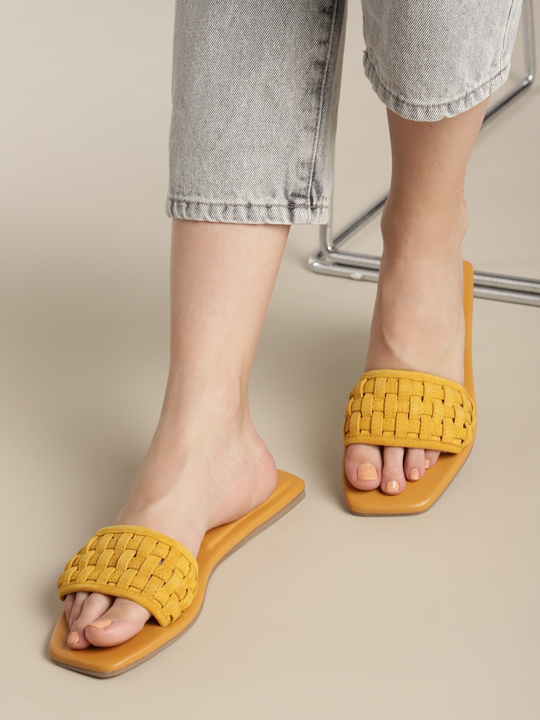 

Nautica Women Mustard Yellow Woven Design Open Toe Leather Flats