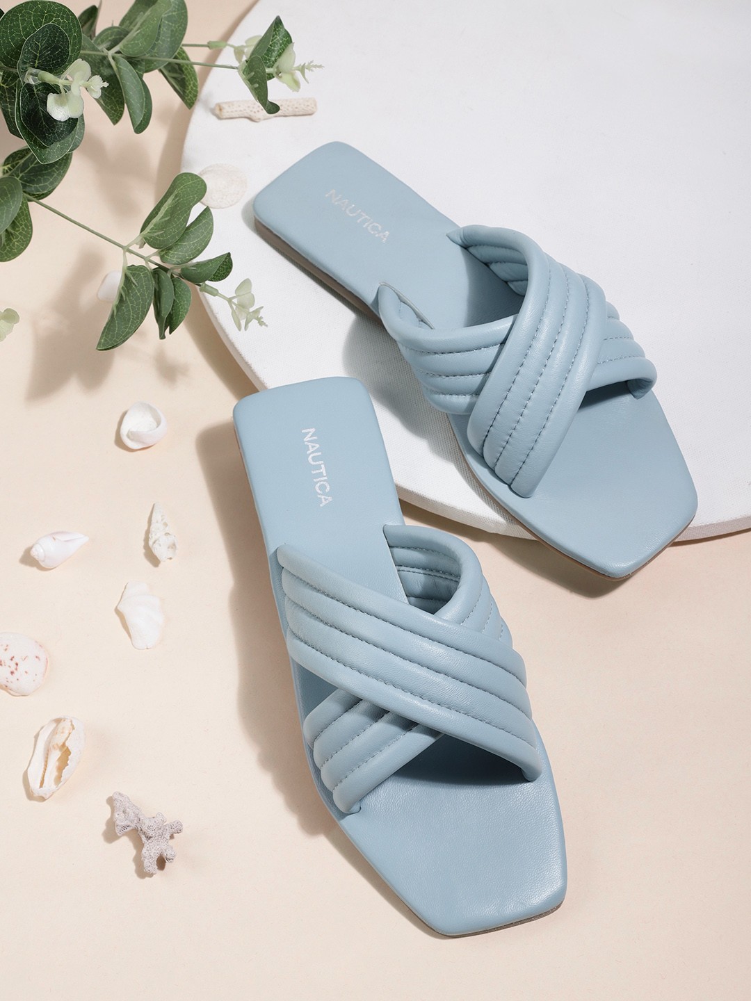 

Nautica Women Blue Textured Open Toe Leather Flats