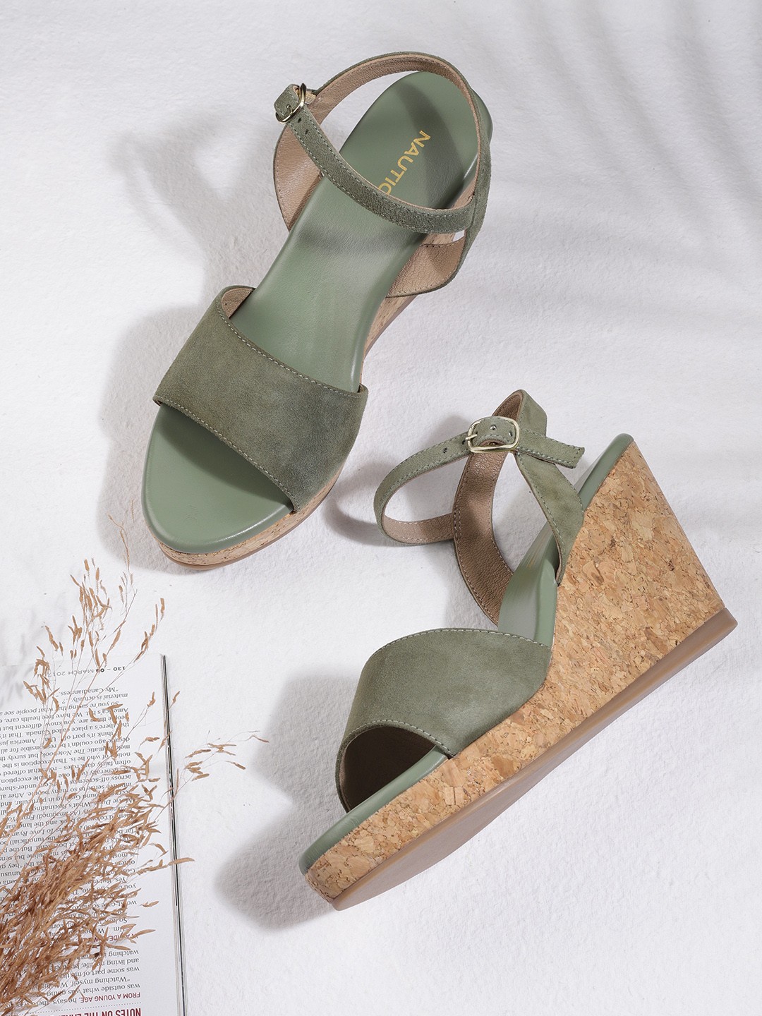 

Nautica Women Olive Green Solid Leather Wedges