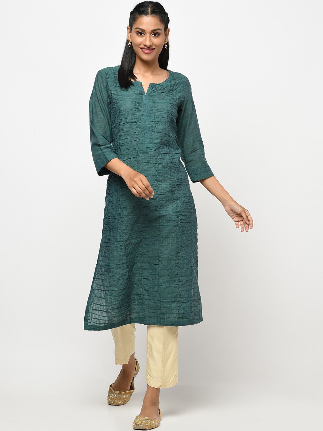 

Fabindia Women Green Straight Cotton Kurta
