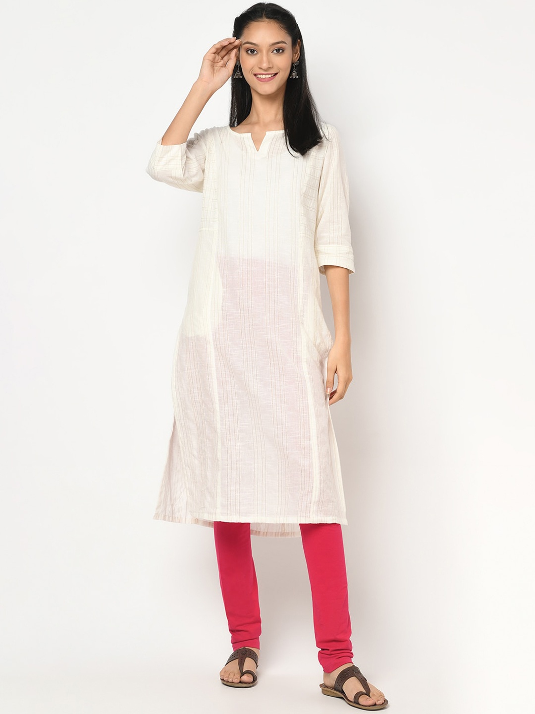 

Fabindia Women Beige Striped Kurta