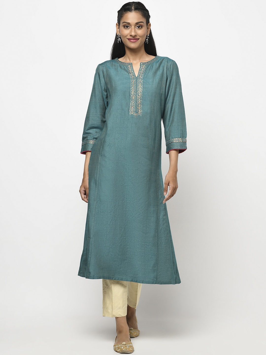 

Fabindia Women Teal Thread Work A-line Kurta