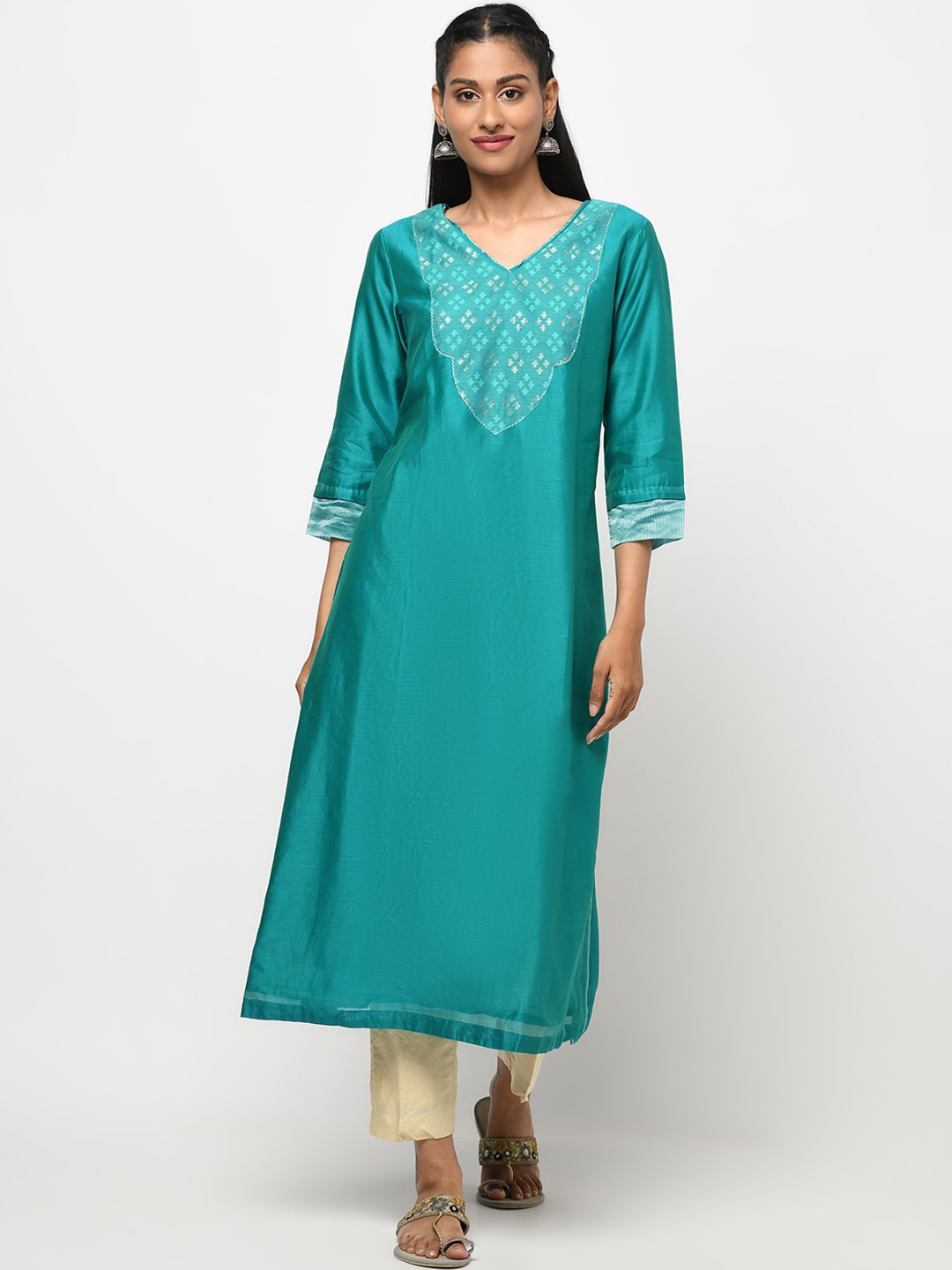 

Fabindia Women Teal Thread Work Anarkali Kurta