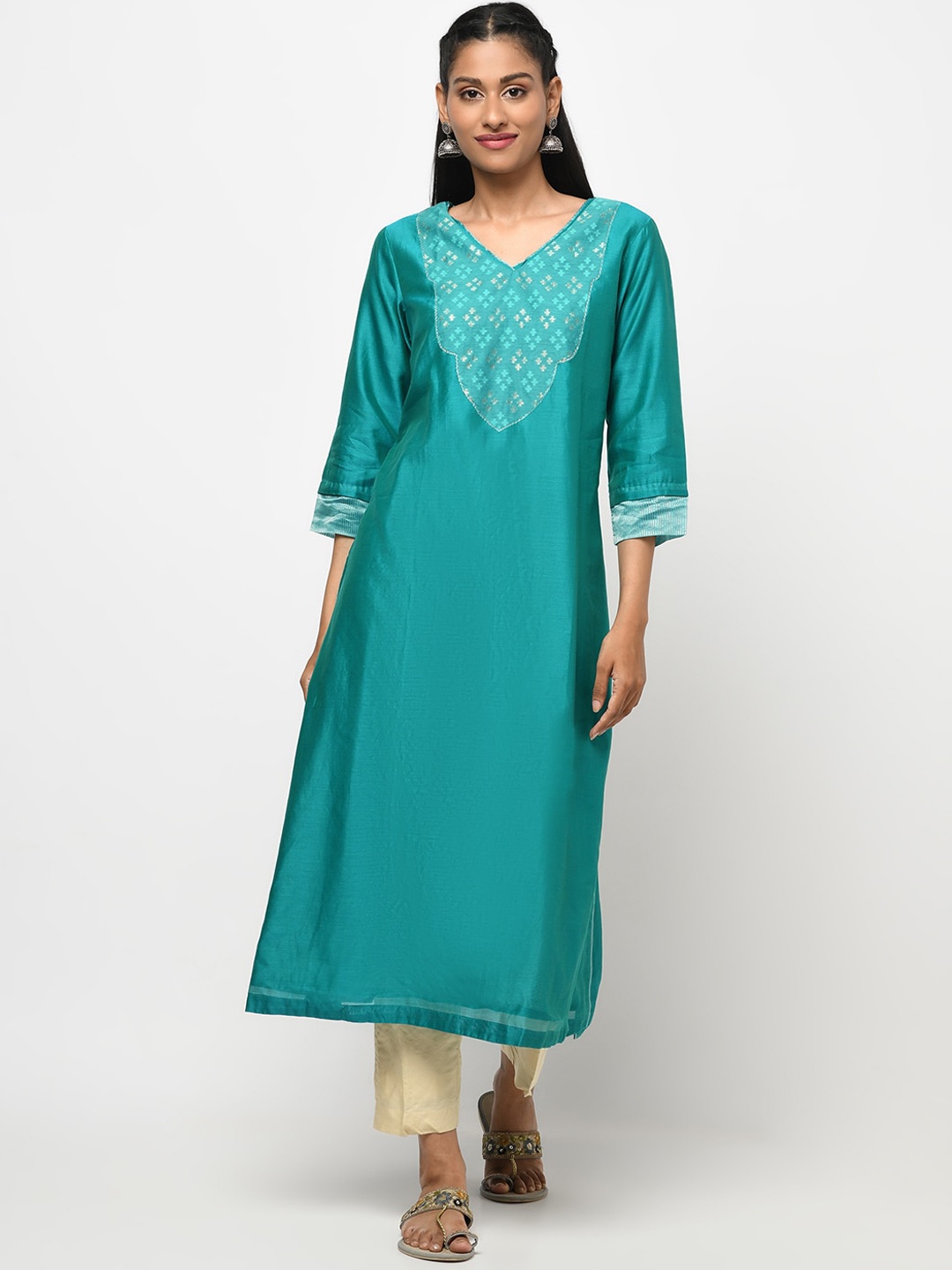 

Fabindia Women Teal Yoke Design Kurta