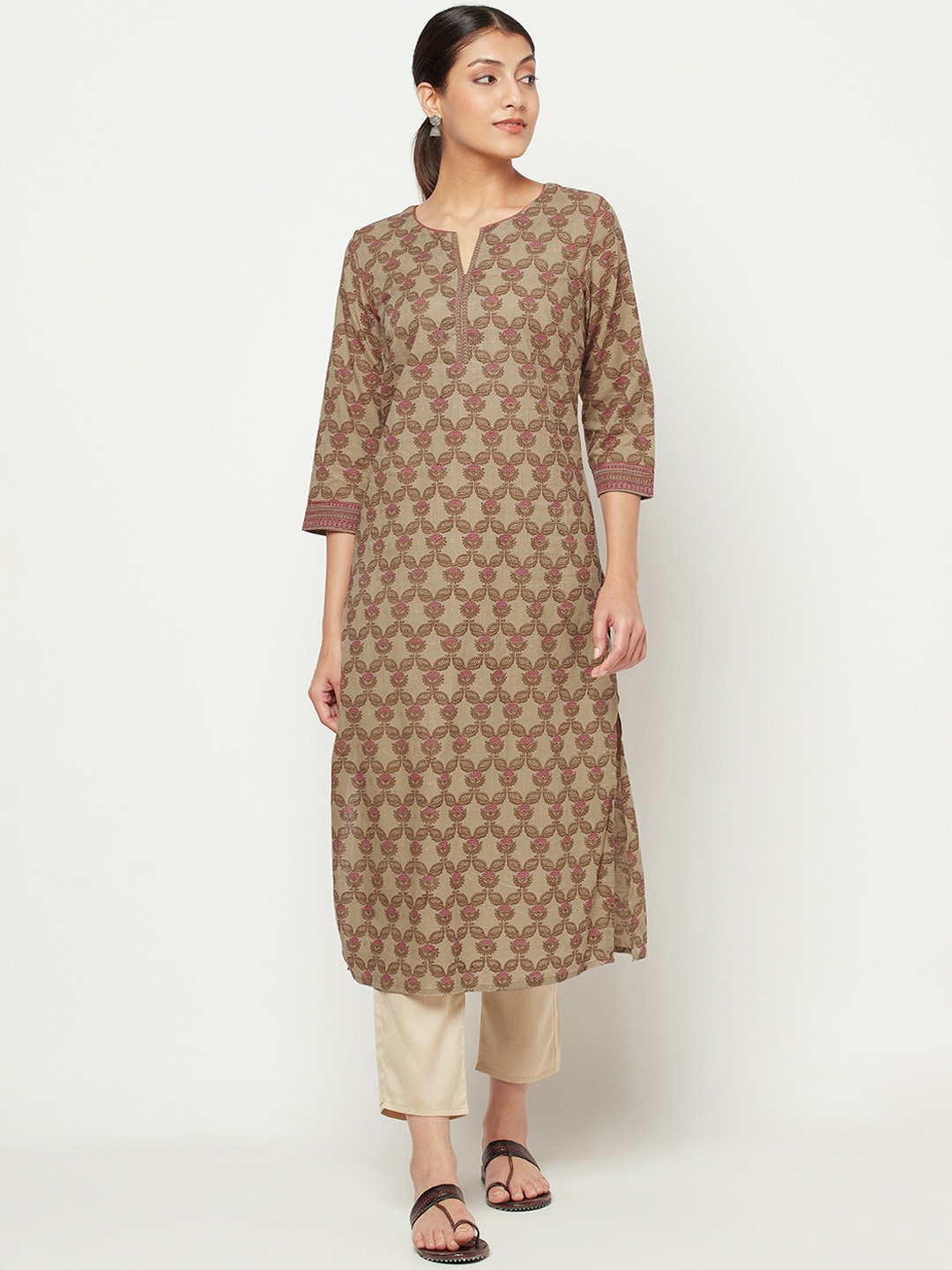 

Fabindia Women Beige & Pink Ethnic Motifs Printed Keyhole Neck Cotton Kurta