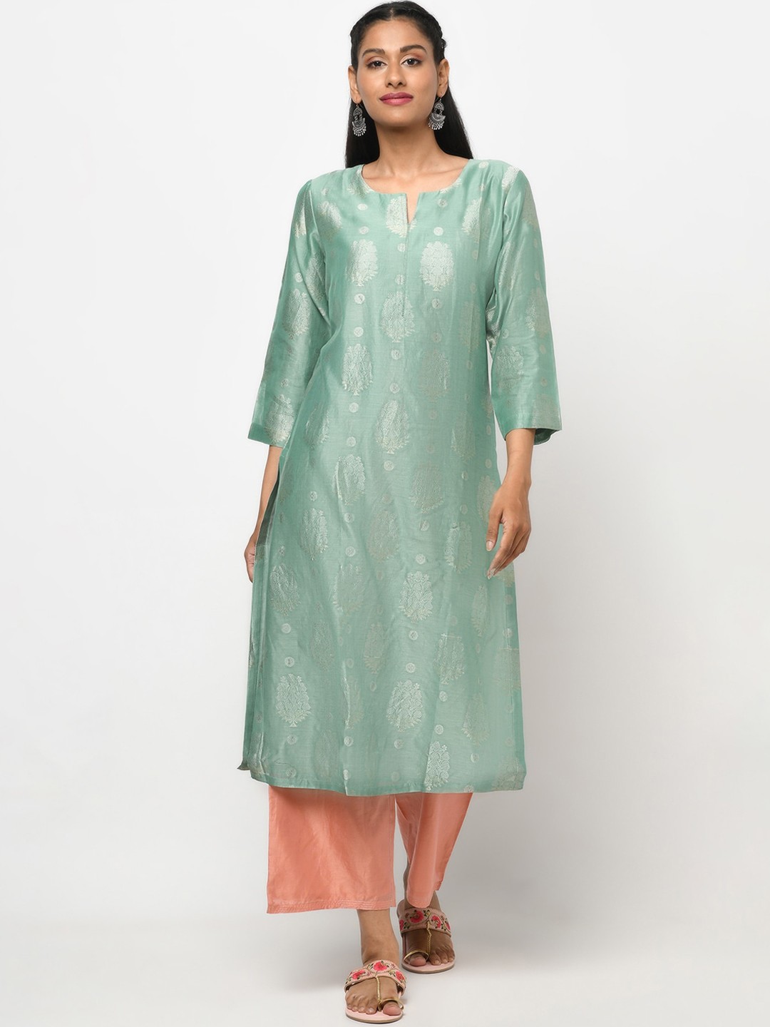 

Fabindia Women Green Ethnic Motifs Embroidered Keyhole Neck Thread Work Kurta