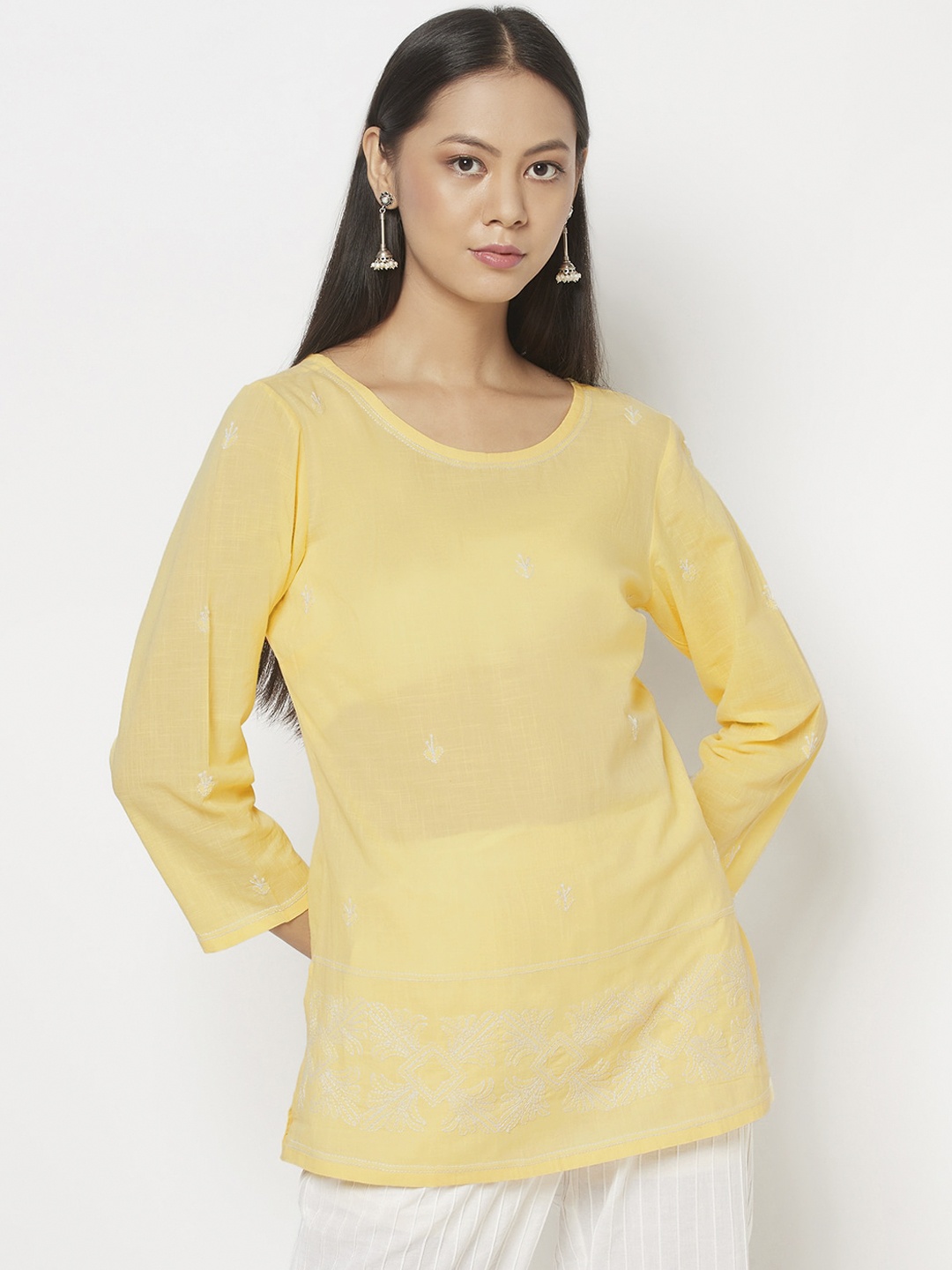 

Fabindia Women Yellow Embroidered Straight Cotton Kurta