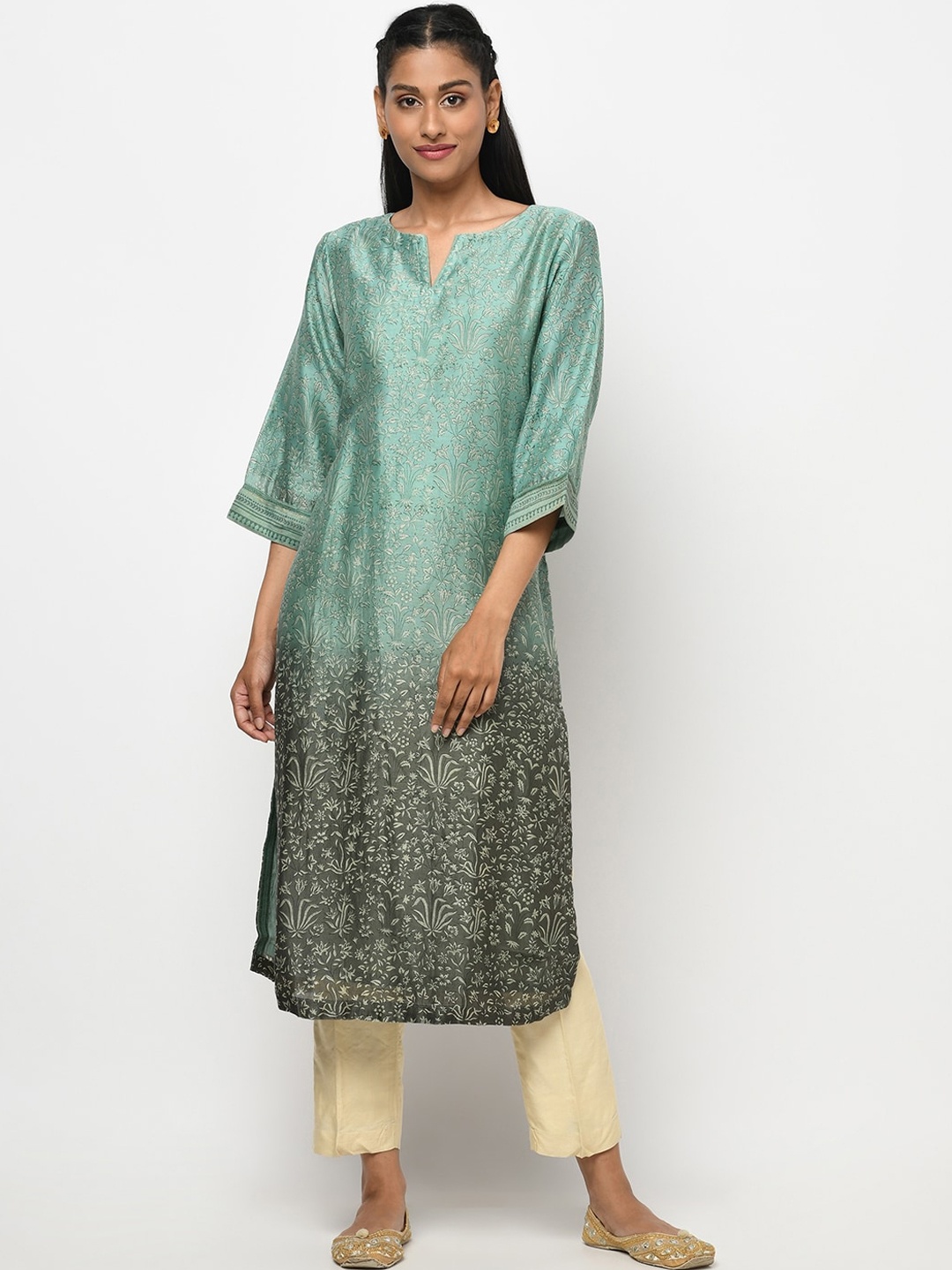 

Fabindia Women Green & Black Floral Printed Cotton Silk Kurta