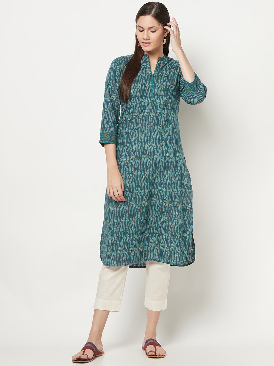 

Fabindia Women Green & Yellow Abstract Printed Pure Cotton Kurta