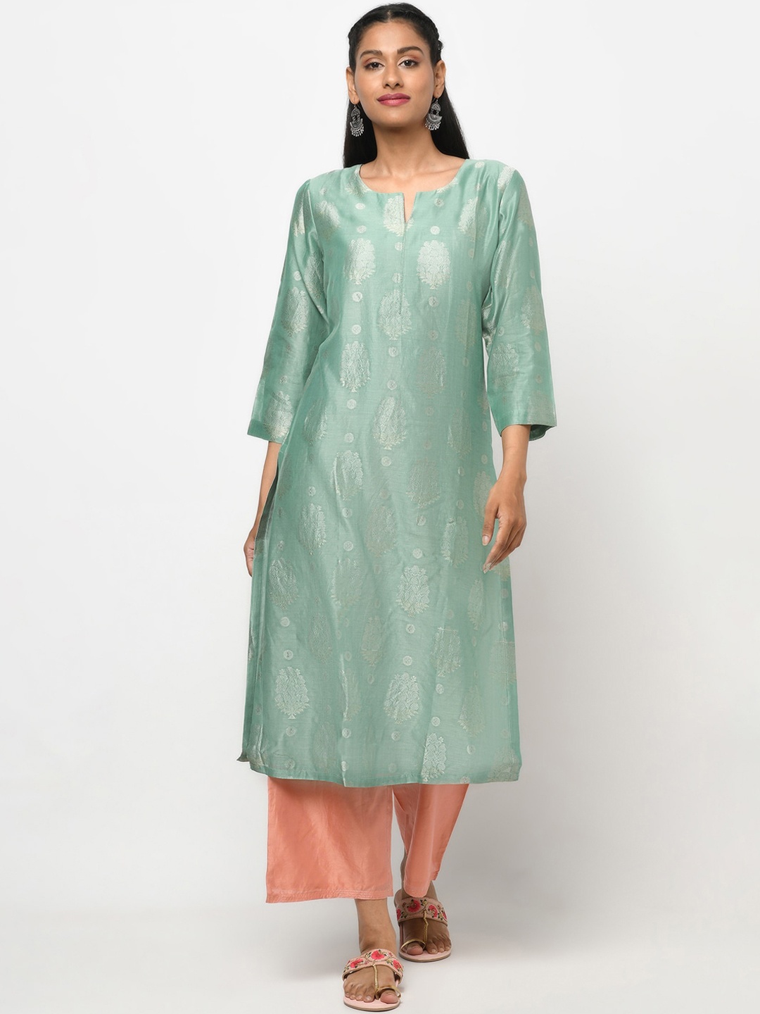 

Fabindia Women Green Ethnic Motifs Printed Keyhole Neck Kurta