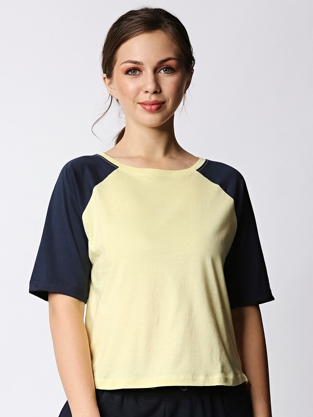 

Bewakoof Women Yellow & Navy Blue Colourblocked Drop-Shoulder Sleeves T-shirt