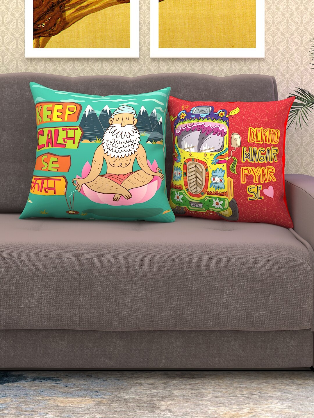 

Athom Trendz Red & Turquoise Blue Set of 2 Quirky Square Cushion Covers