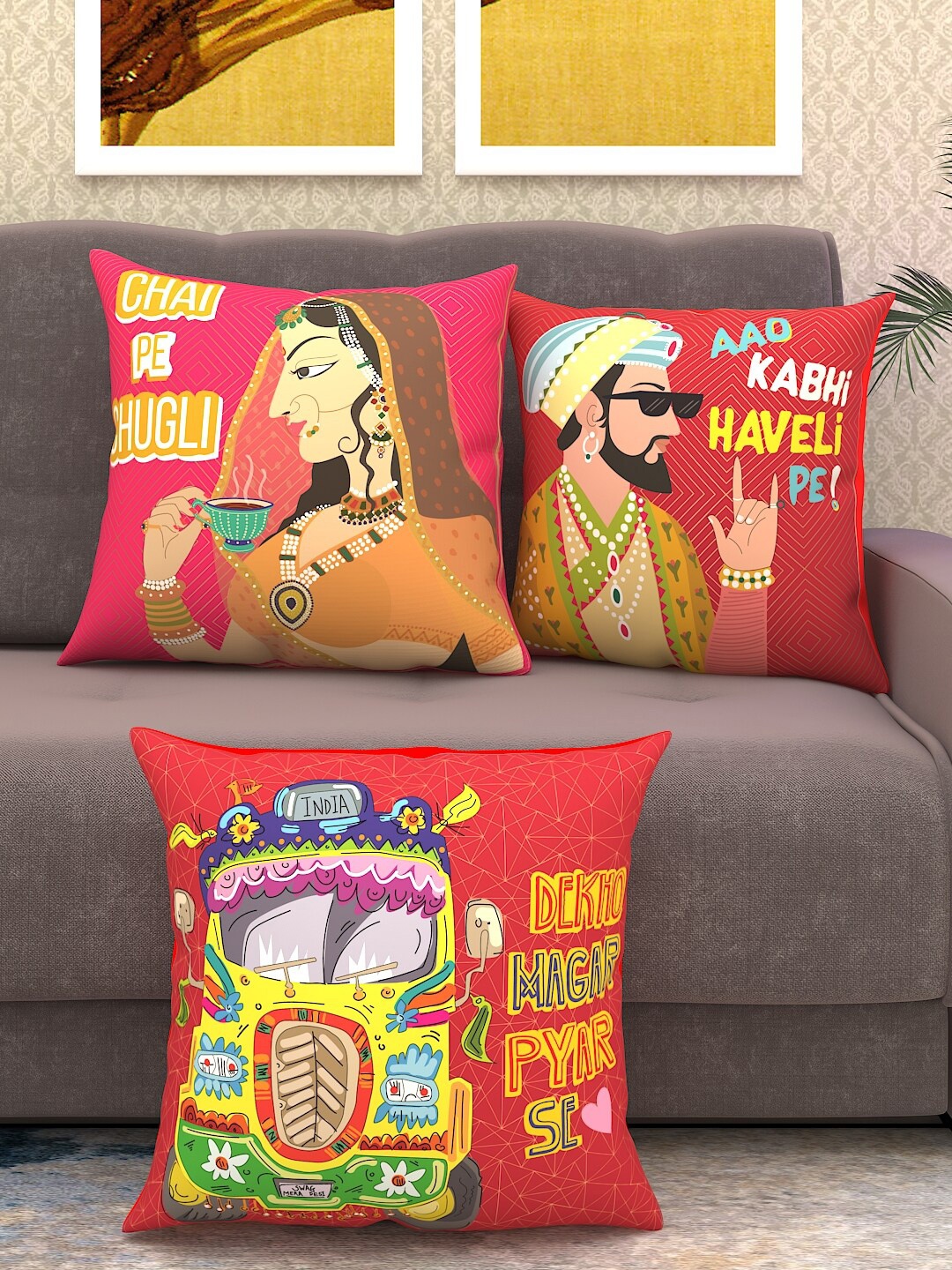 

Athom Trendz Red & Pink Set of 3 Cartoon Characters Square Cushion Covers