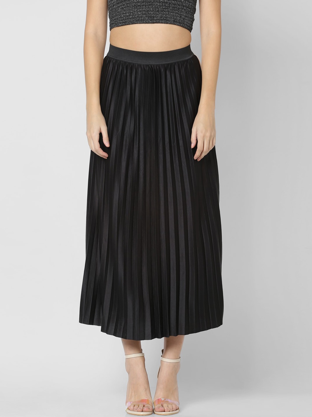 

ONLY Women Black Pleated Flared Midi Skirt