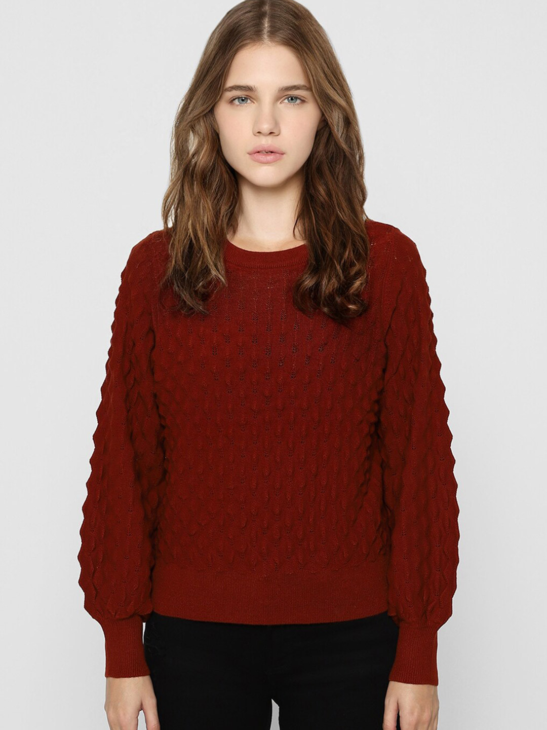 

ONLY Women Maroon Self-Design Knit Pullover Sweater