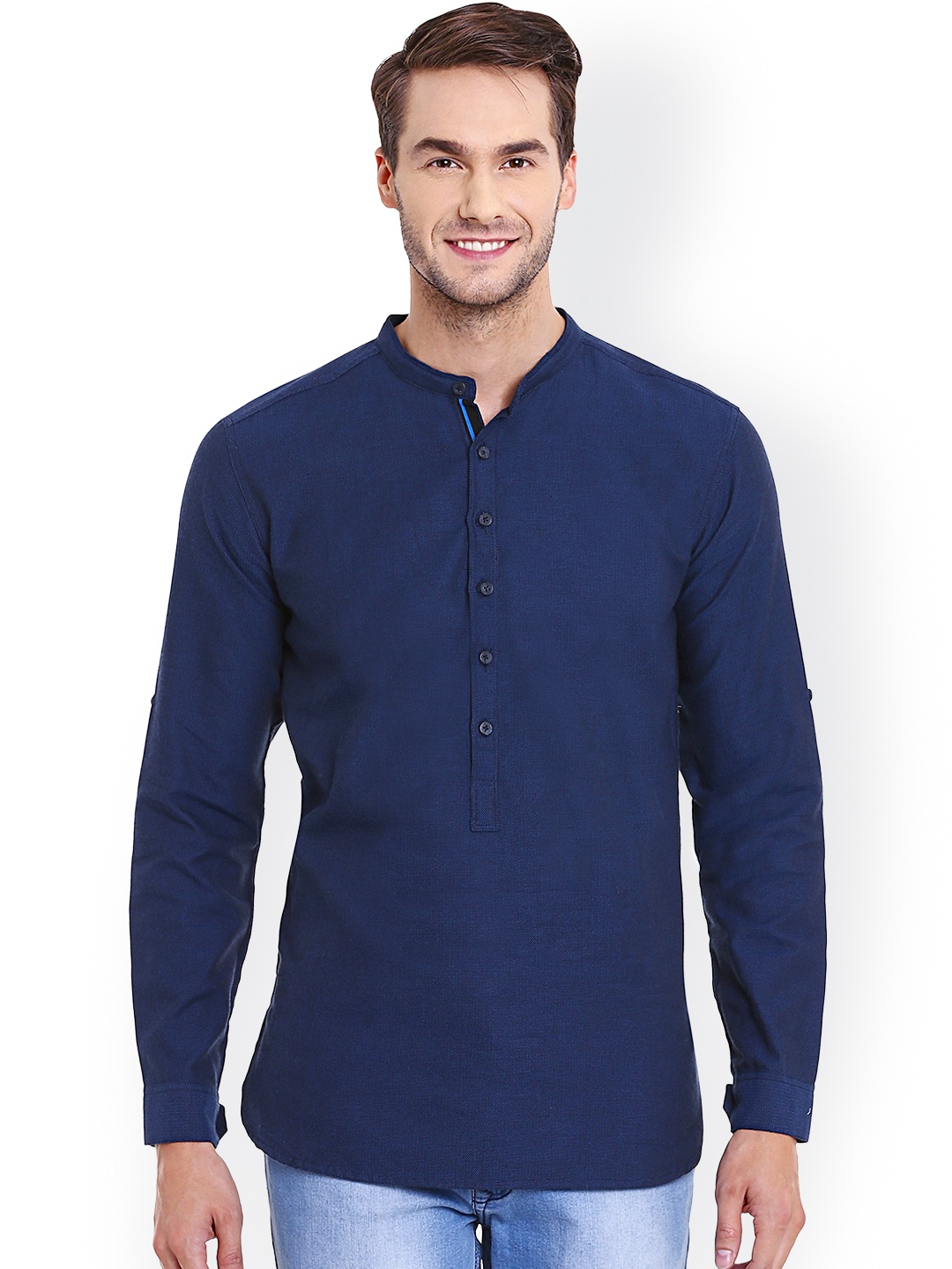 

even Men Navy Blue Woven Design Straight Kurta