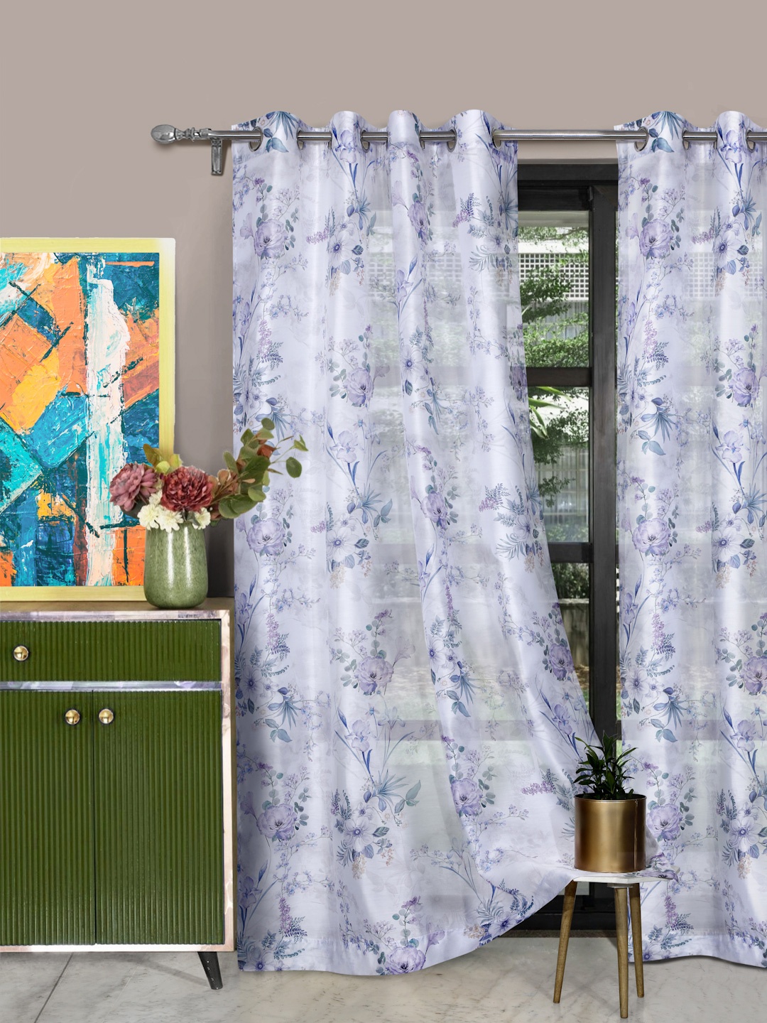 ROSARA HOME Lavender & Grey Set of 2 Floral Sheer Long Door Curtain