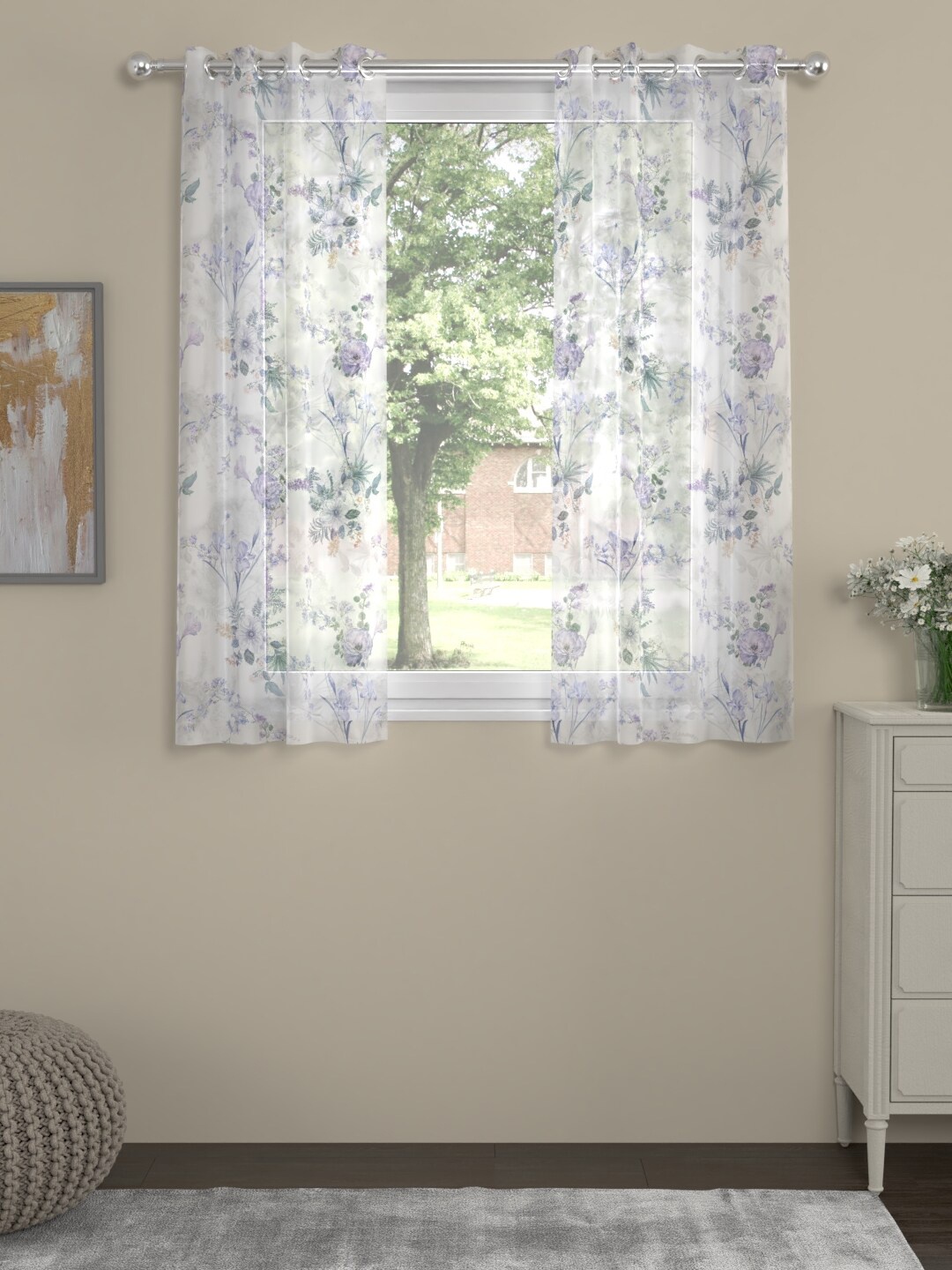 

ROSARA HOME White & Lavender Set of 2 Floral Sheer Window Curtain