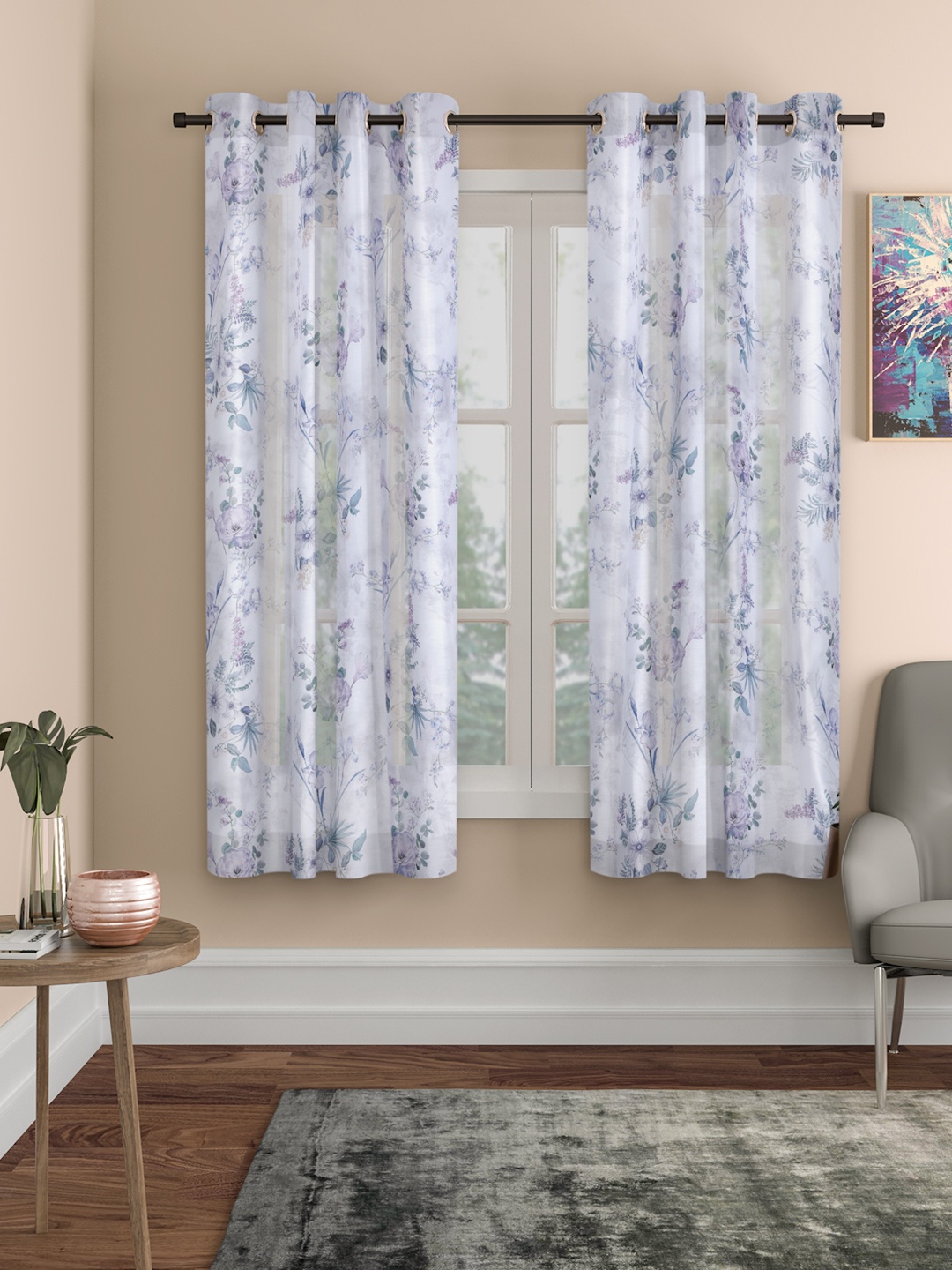 

ROSARA HOME White & Lavender Set of 2 Floral Sheer Window Curtain