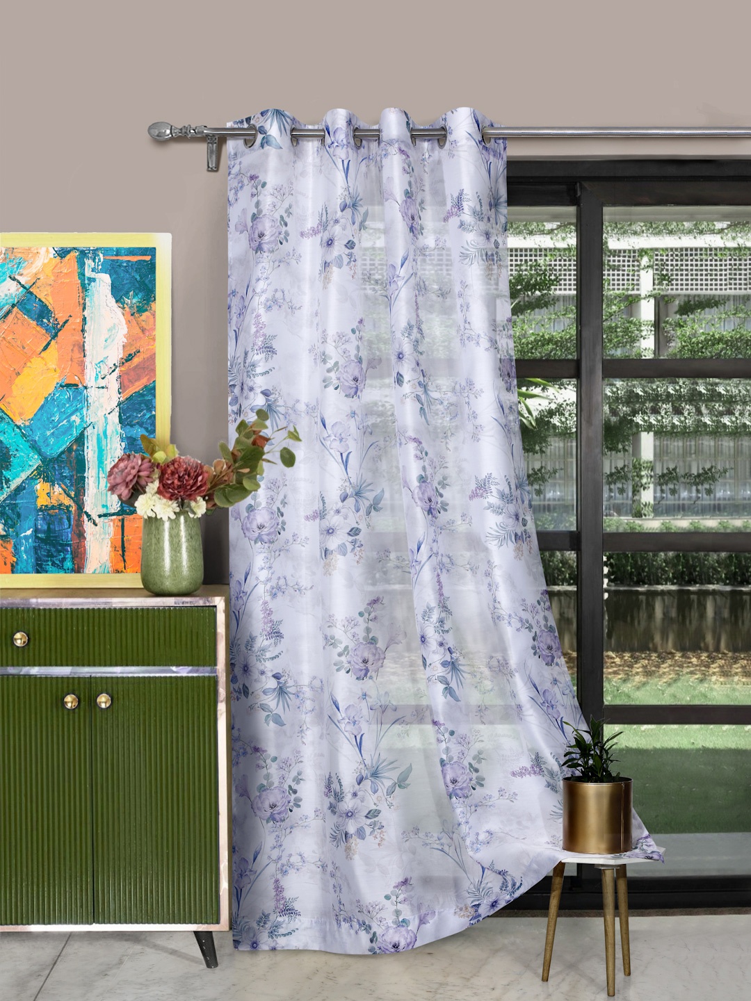 

ROSARA HOME Lavender & Grey Floral Sheer Long Door Curtain