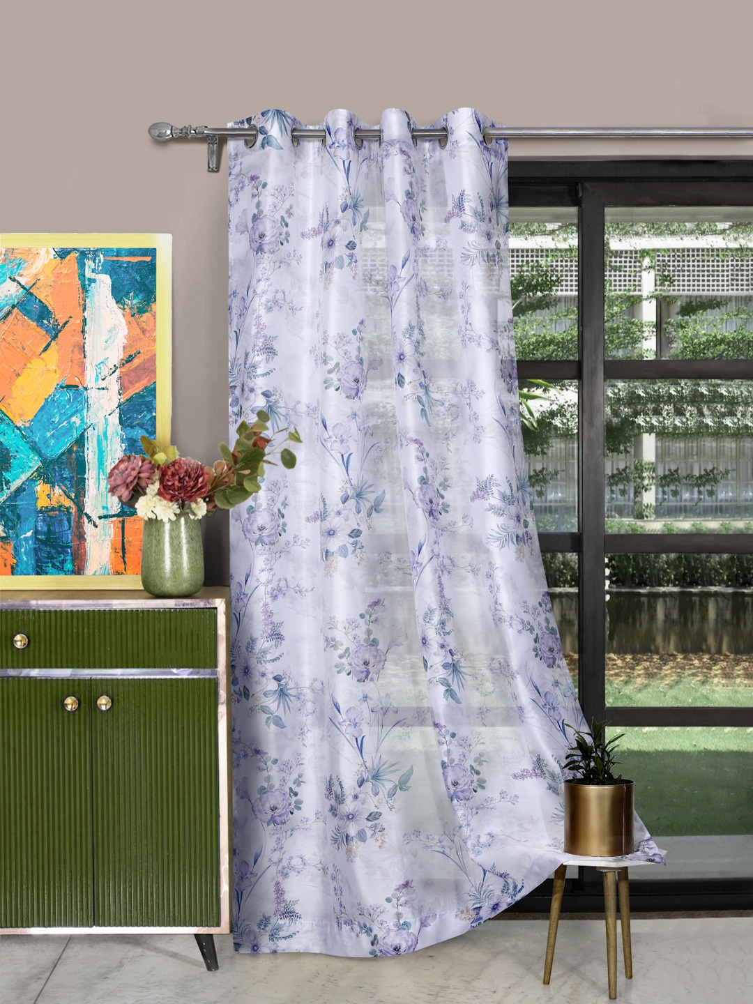 

ROSARA HOME Lavender & White Floral Sheer Door Curtain