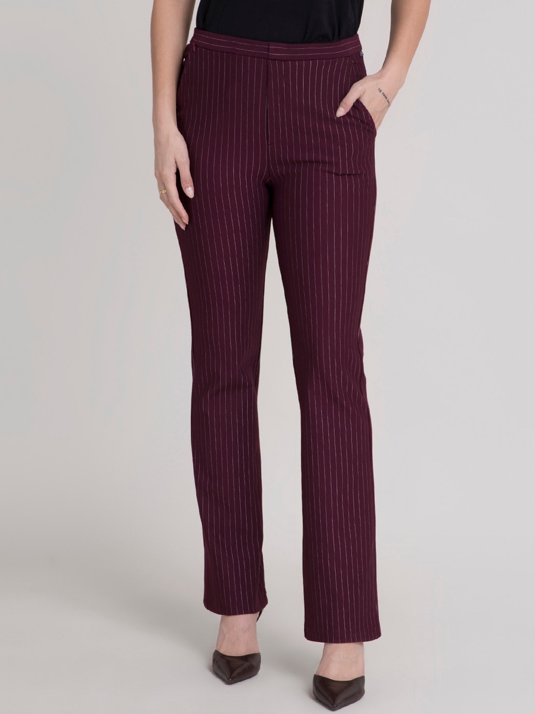 

FableStreet Women LivIn Striped Formal Trousers, Maroon