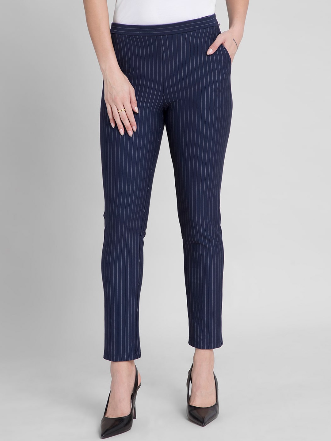 

FableStreet Women LivIn Striped Straight Fit Trousers, Navy blue