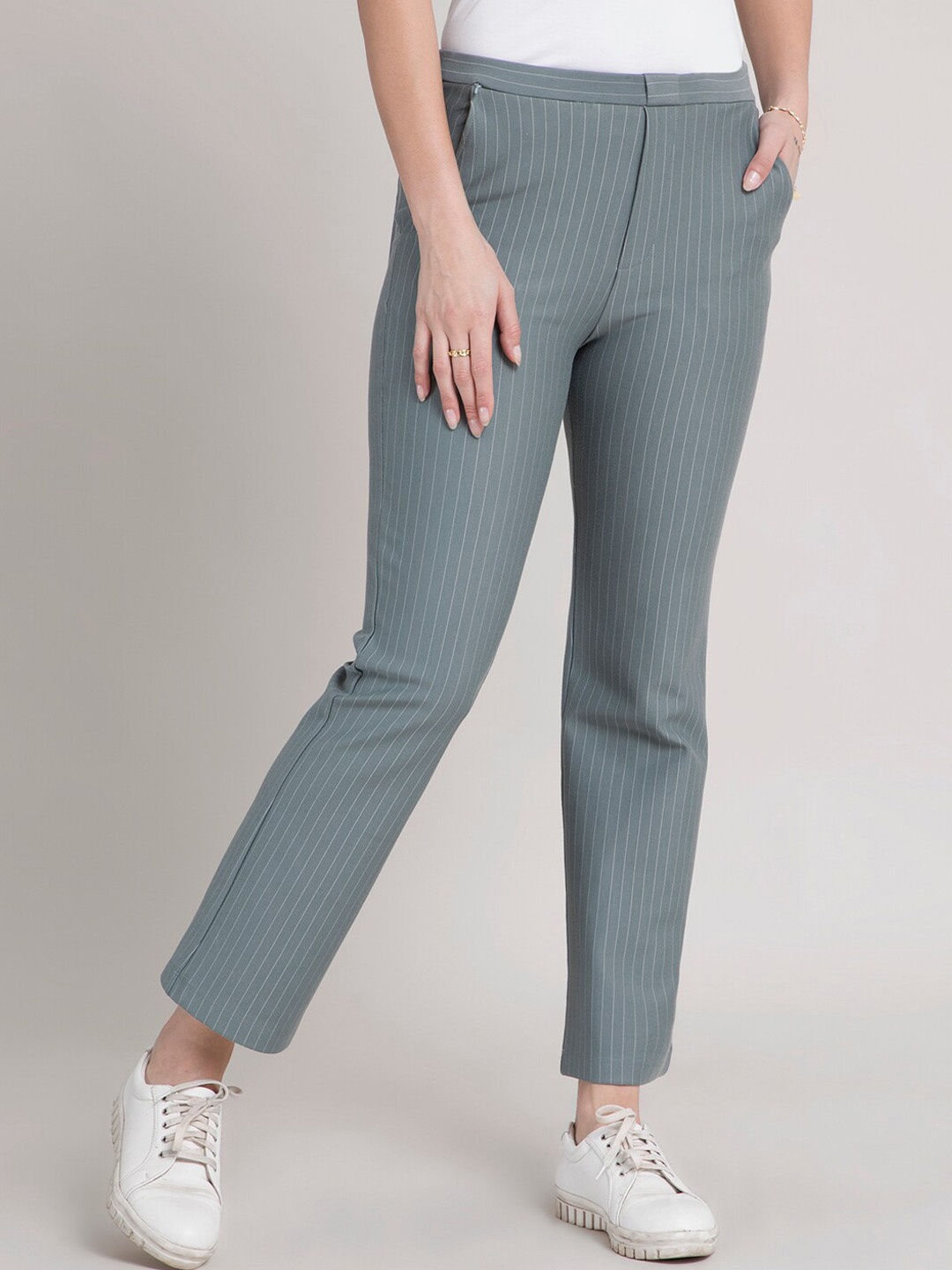 

FableStreet Women LivIn Striped Flared Bootcut Trousers, Green