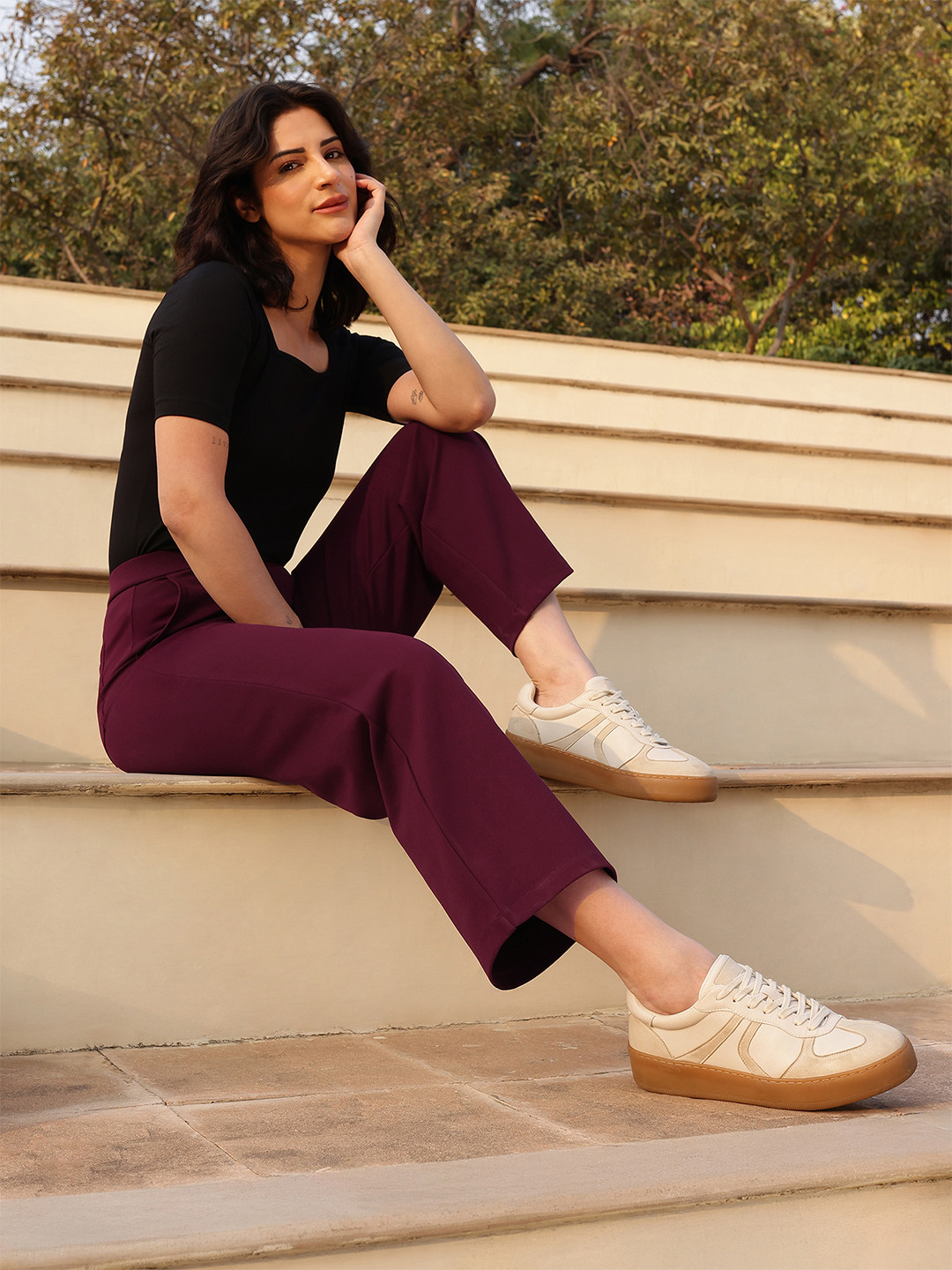 FABLE STREET Women Maroon LivIn Wide Leg Mid-Rise Pant