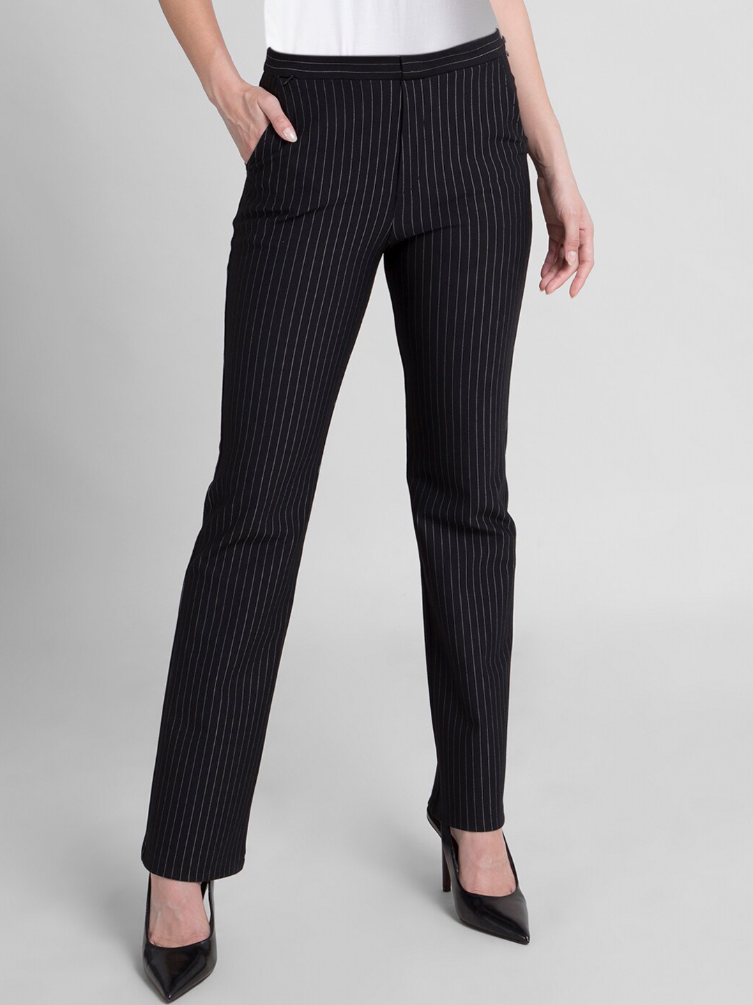 

FableStreet Women Black Striped Flared Bootcut Livin Trousers