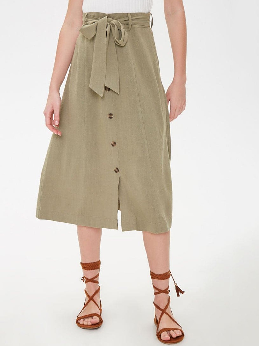 

FOREVER 21 Women Olive Green Solid A-Line Midi Skirt
