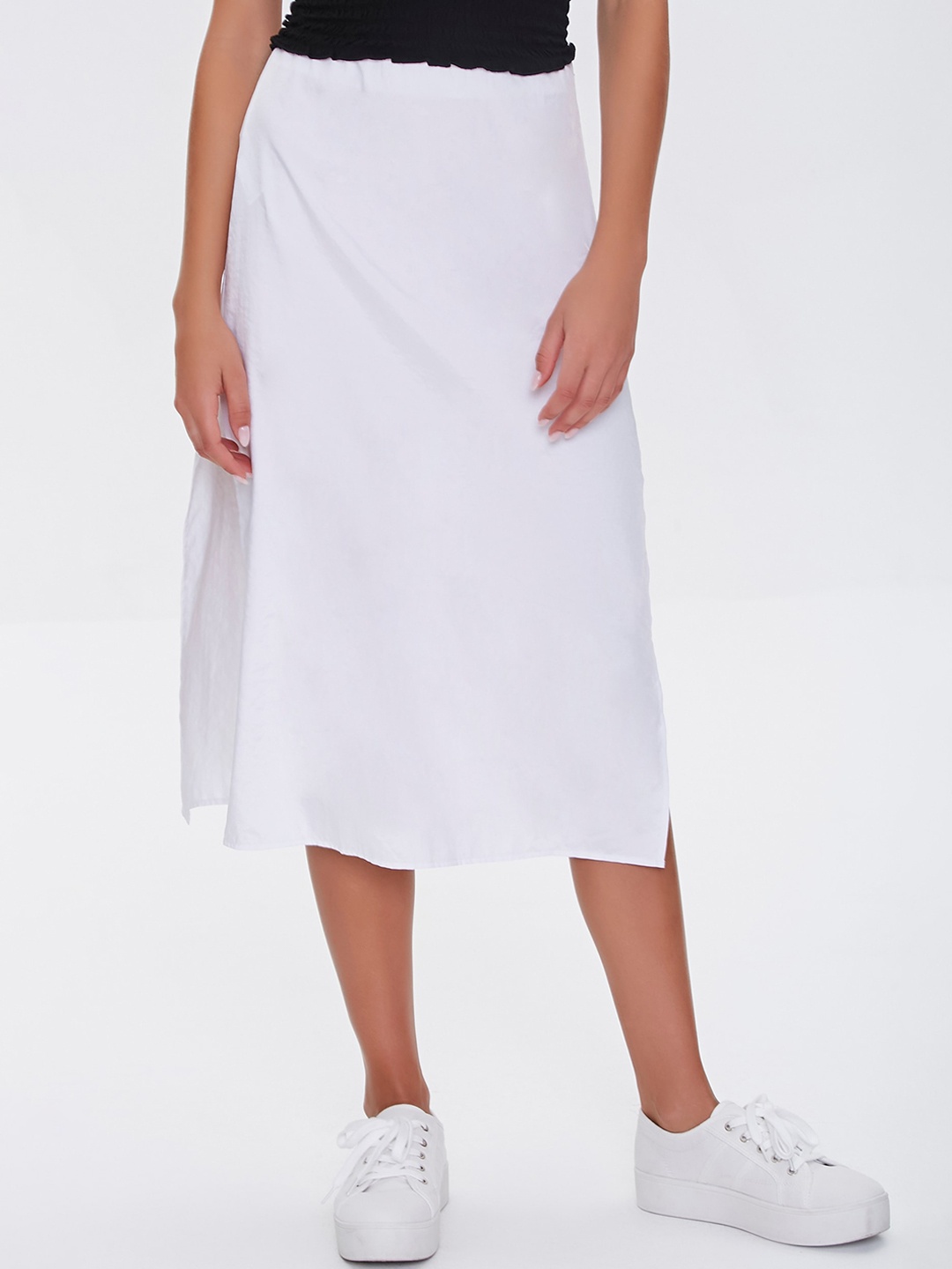

FOREVER 21 Women White Solid A-Line Midi Skirt