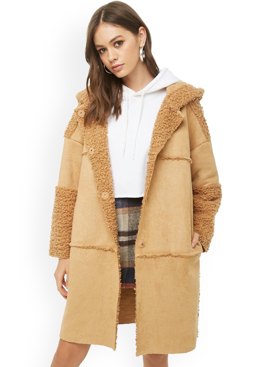 

FOREVER 21 Women Beige Faux Suede & Faux Shearling Overcoat