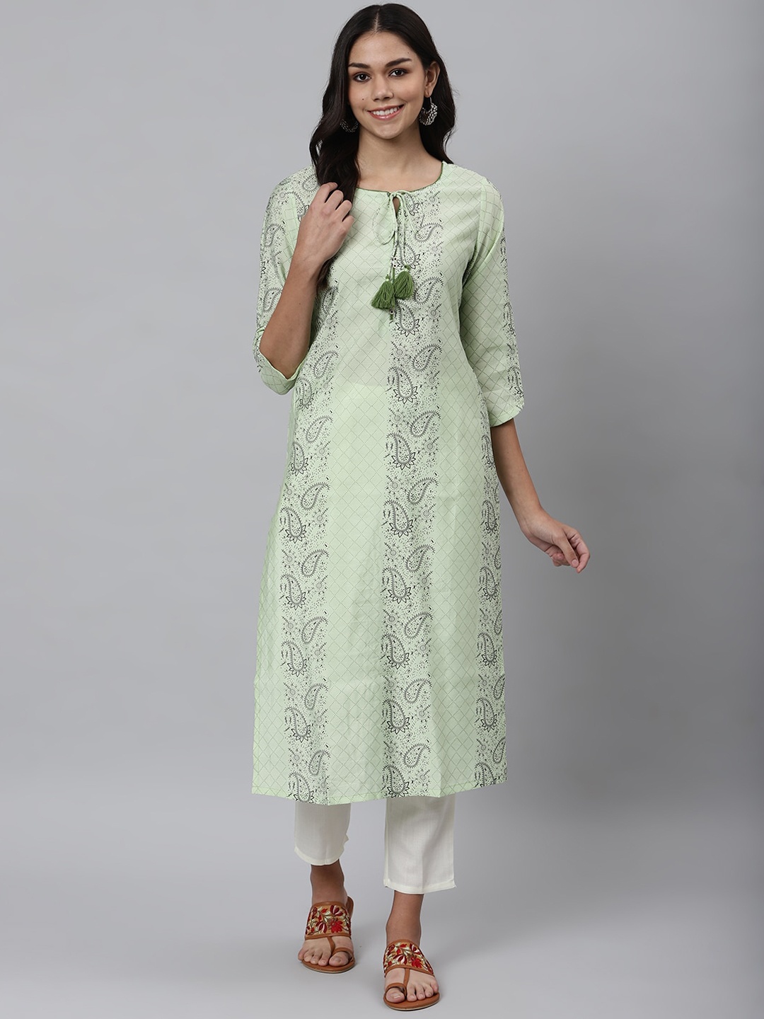 Os Women Green Floral Embroidered Regular Chanderi Silk Kurti with Trousers