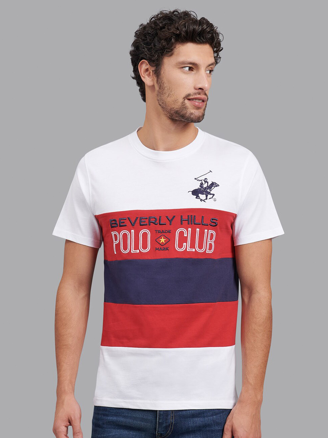 

Beverly Hills Polo Club Men White & Red Colourblocked T-shirt
