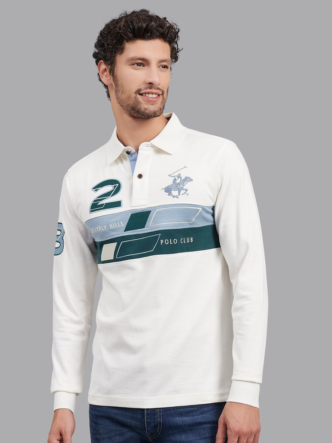 

Beverly Hills Polo Club Men White Printed Cotton Polo Collar T-shirt