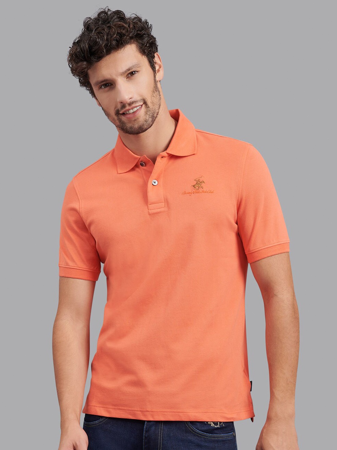 

Beverly Hills Polo Club Men Peach-Coloured Polo Collar Slim Fit T-shirt