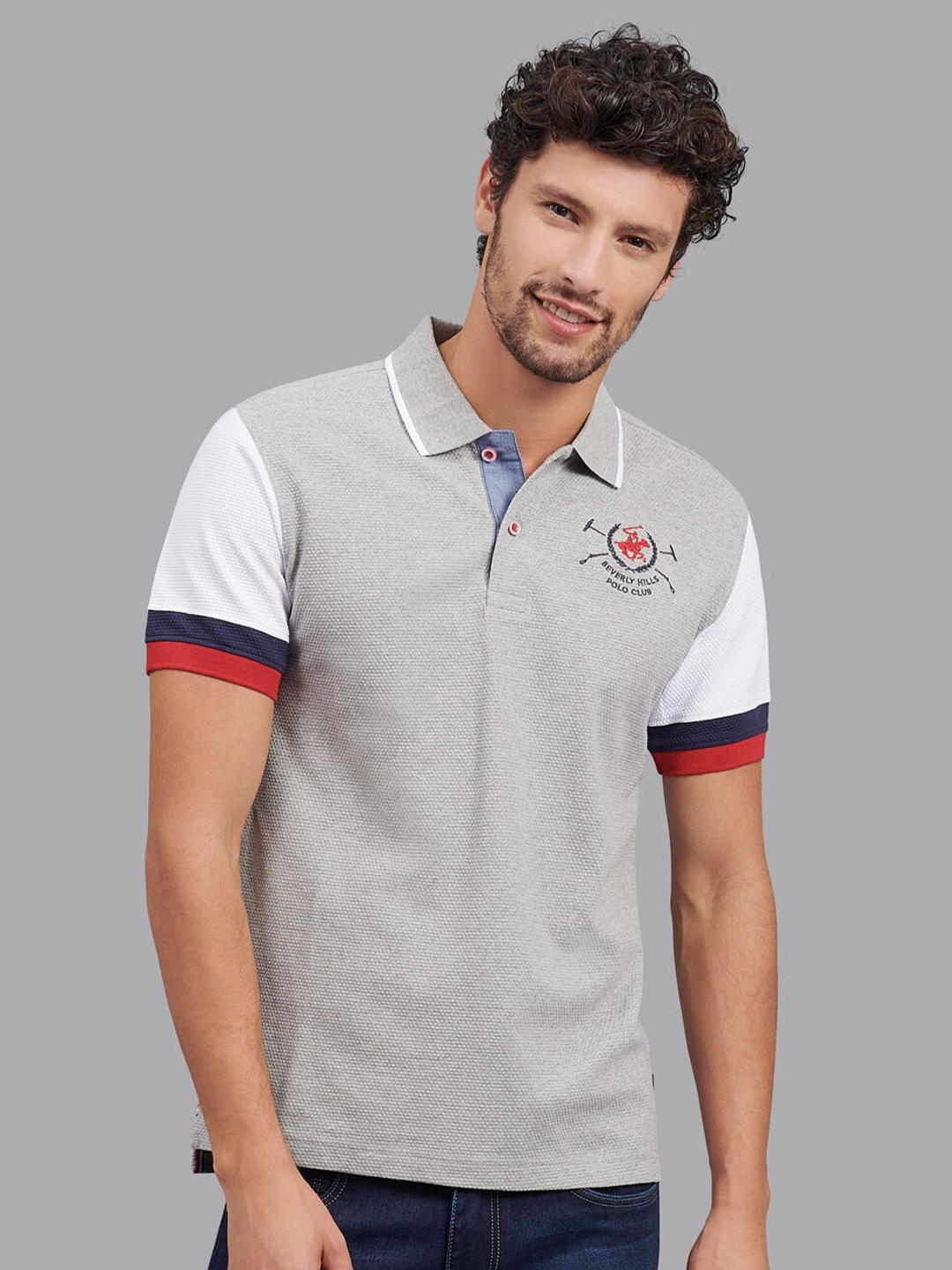 

Beverly Hills Polo Club Men Grey Polo Collar Applique T-shirt