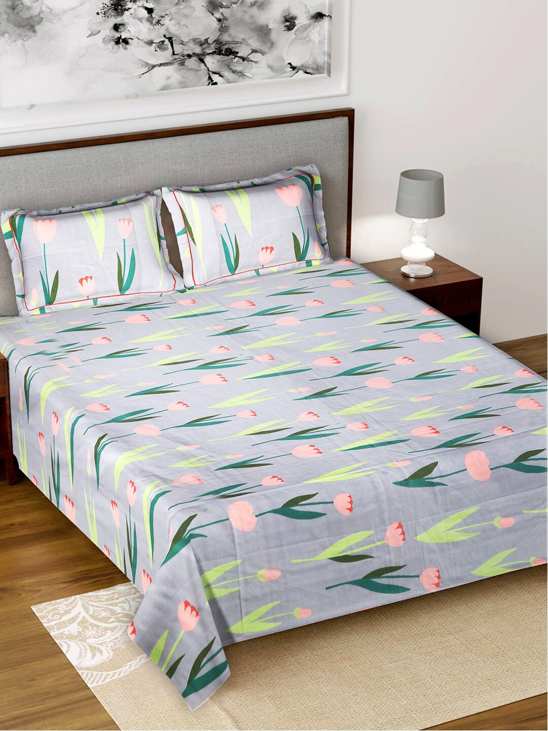 

Kuber Industries Grey & Green Floral 160 TC King Bedsheet with 2 Pillow Covers