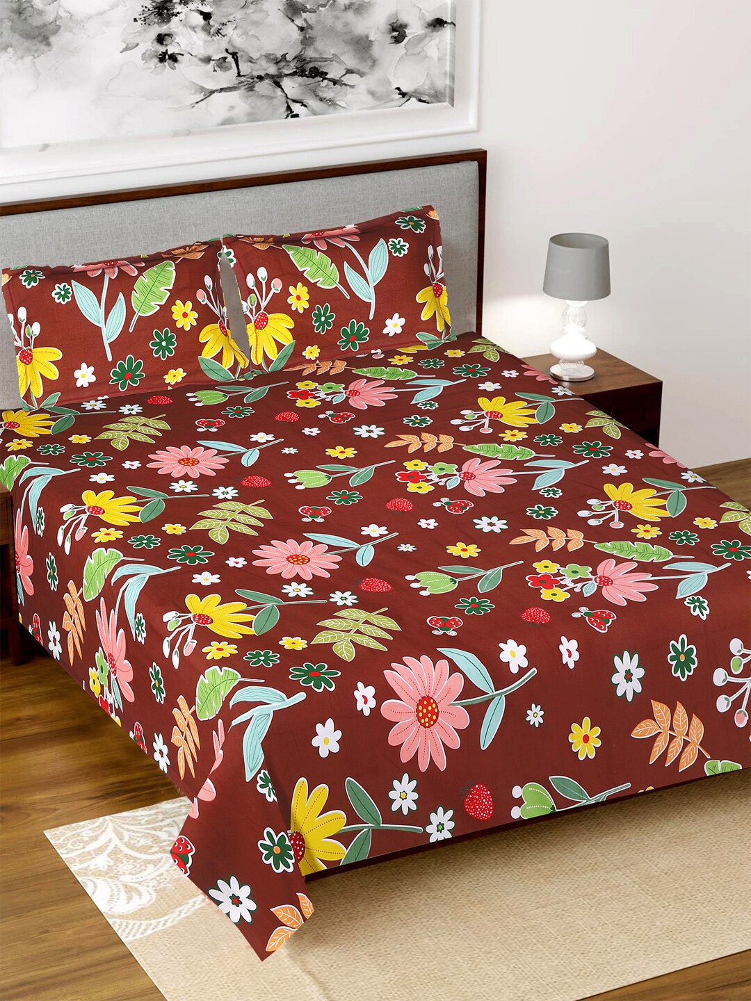

Kuber Industries Maroon & Green Floral 160 TC King Bedsheet with 2 Pillow Covers