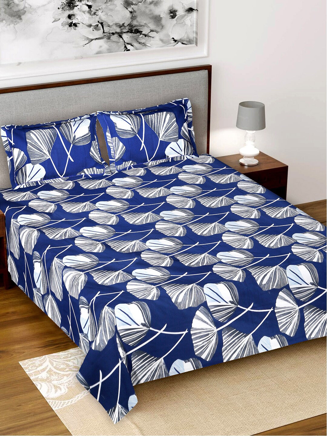 

Kuber Industries Blue & White Floral 160 TC King Bedsheet with 2 Pillow Covers