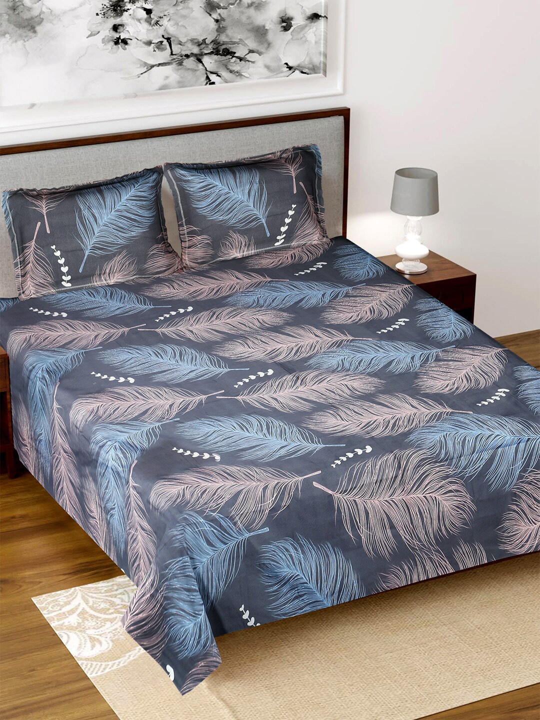 

Kuber Industries Sea Green & Cream Feather Print 160 TC King Bedsheet with 2 Pillow Covers