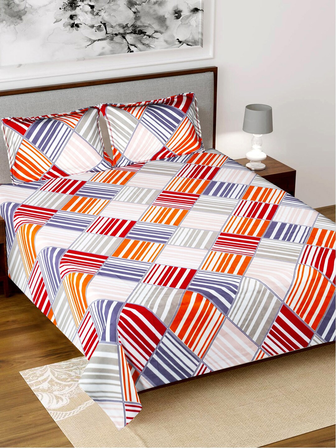 

Kuber Industries Orange & White Geometric 160 TC King Bedsheet with 2 Pillow Covers