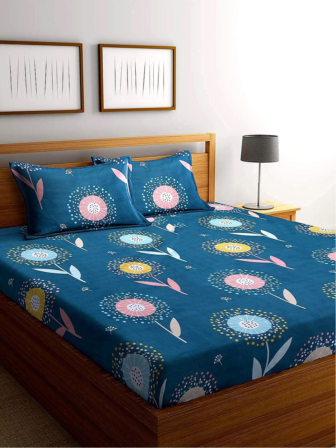 

Kuber Industries Turquoise Blue & Pink Floral 160 TC King Bedsheet with 2 Pillow Covers