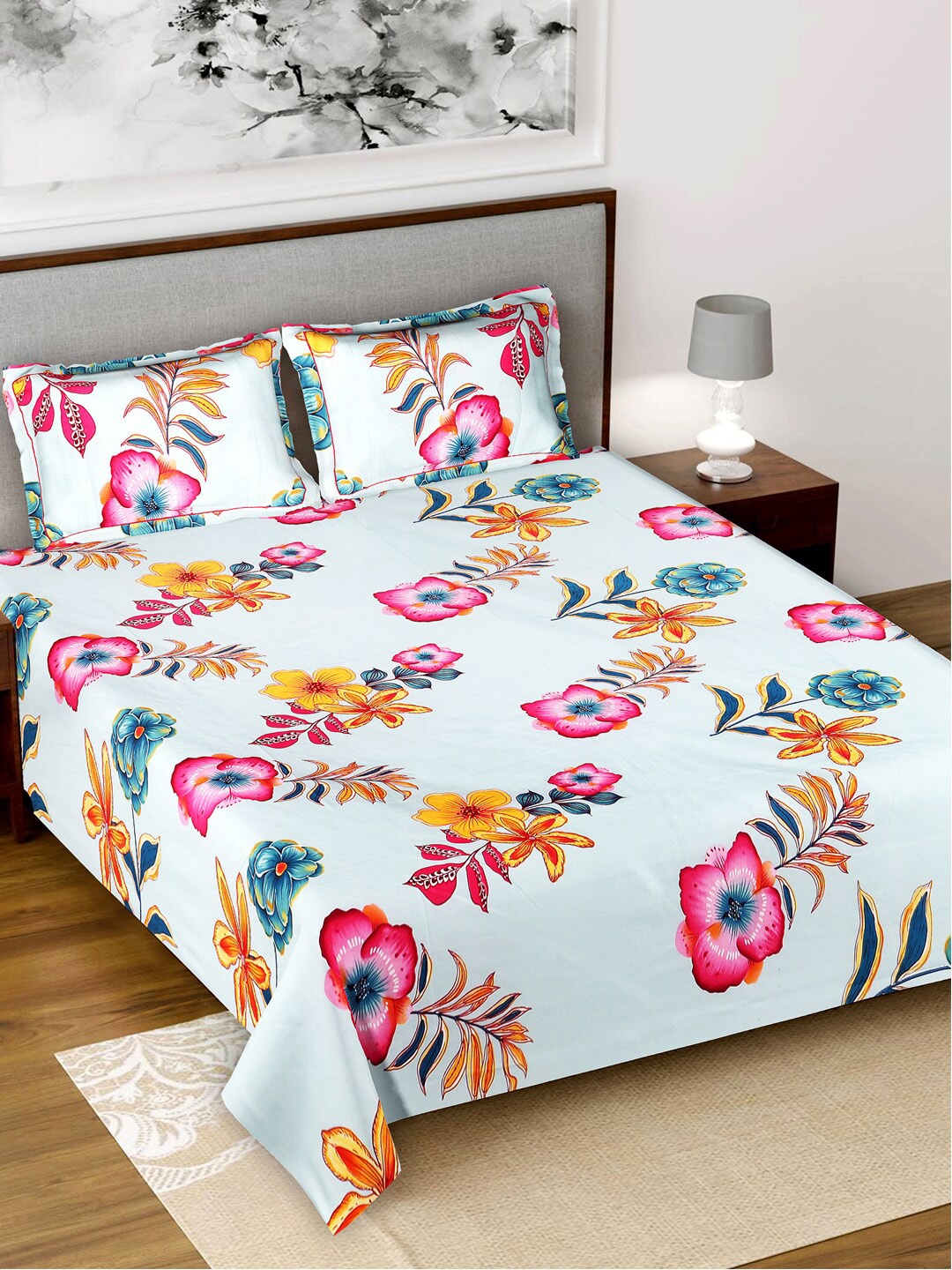 

Kuber Industries Sea Green & Pink Floral 160 TC King Bedsheet with 2 Pillow Covers