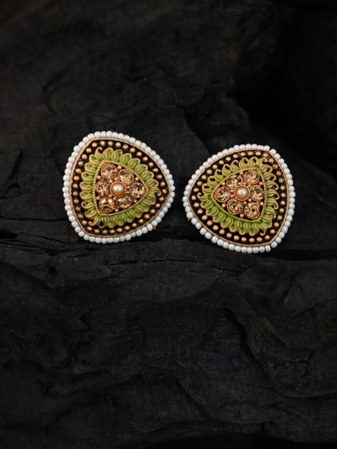 

justpeachy Green & Gold-Plated Ethnic Studs With Artificial Stone Embellishment