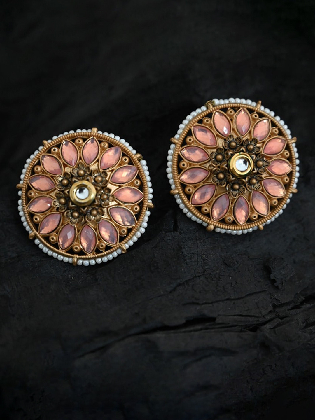 

justpeachy Pink & Gold-Plated Ethnic Studs With Artificial Stone Embellishment