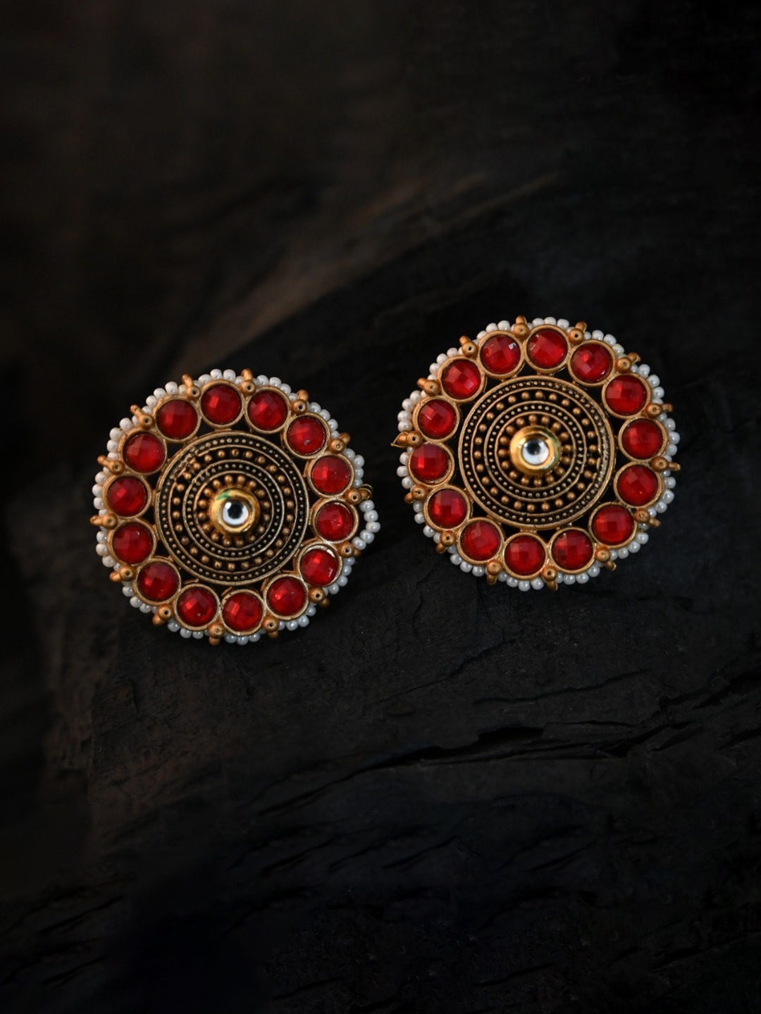 

justpeachy Red & Gold-Plated Circular Studs Earrings