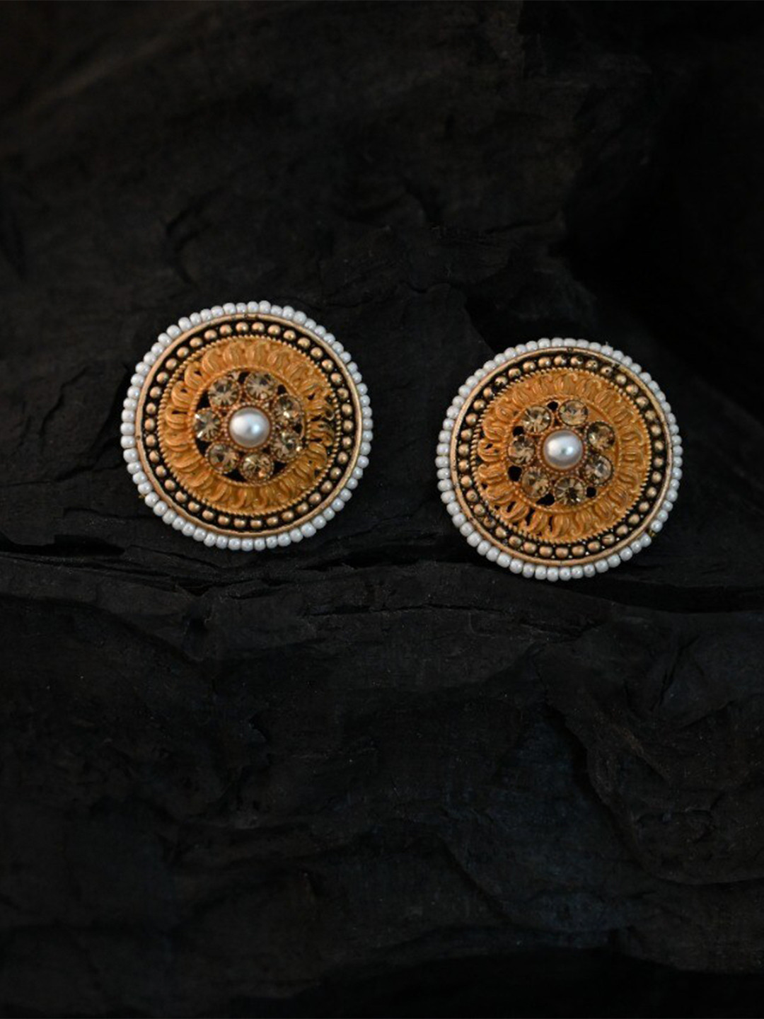 

justpeachy Yellow & Gold-Plated Ethnic Studs With Pearl Embellishment