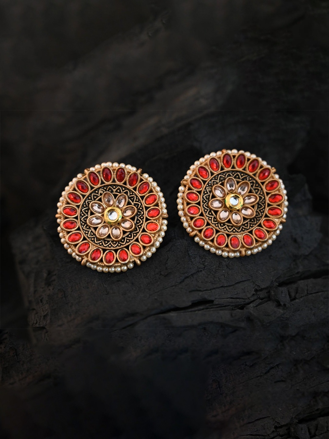 

justpeachy Red & Gold-Plated Ethnic Studs With Artificial Stone Embellishment